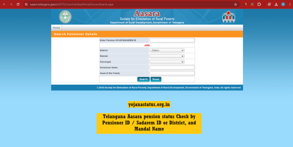 Telangana Aasara pension status Check by Pensioner ID / Sadarem ID or District, and Mandal Name