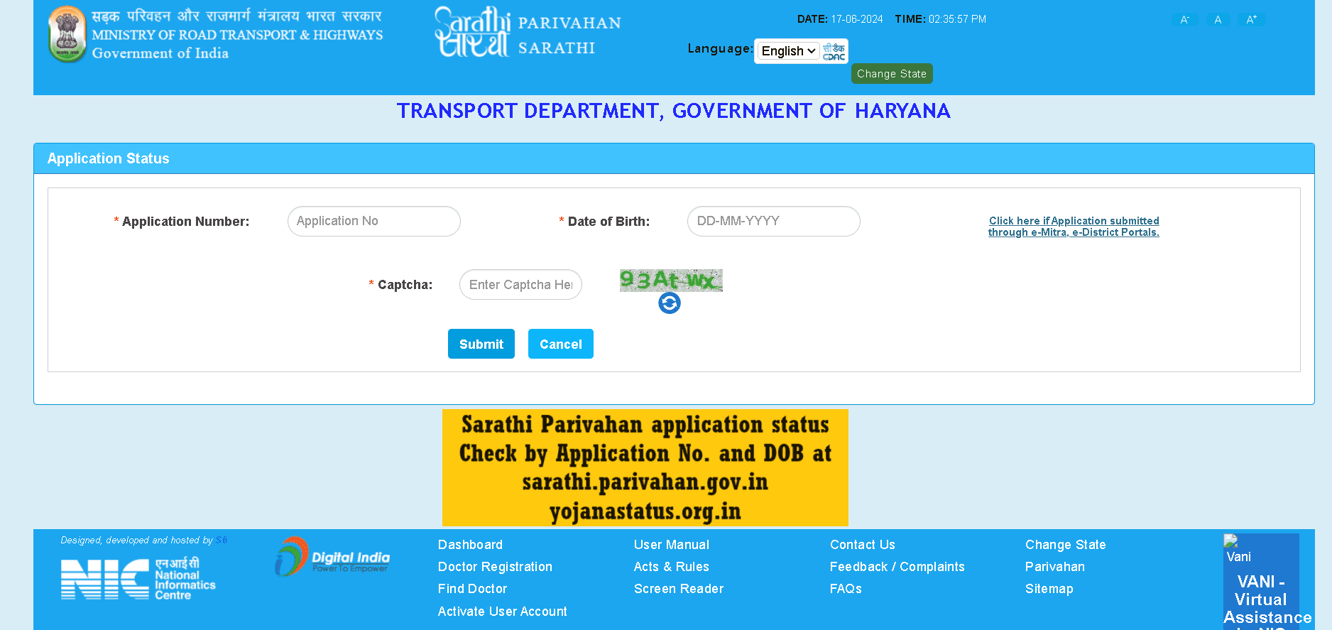 Sarathi Parivahan application status Check by Application No. and DOB at sarathi.parivahan.gov.in